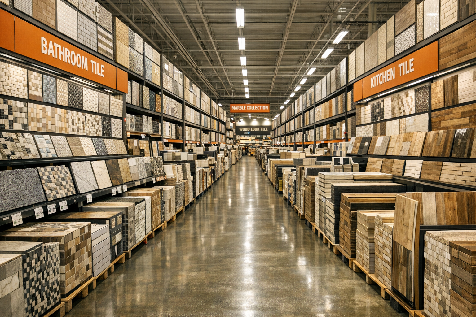 photographic You walk into a store similar to Home Depot but it is specific to tiles From the entrance your view is shopping aisle after shopping aisl-1